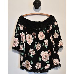 BOGO Floral Off Shoulder Crochet Trim Boho Top
